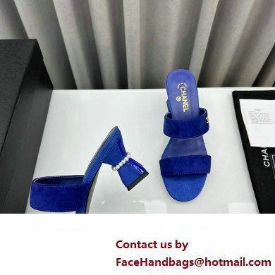 Chanel Kid Suede  &  Imitation Pearls Mules G45685 Blue 2024